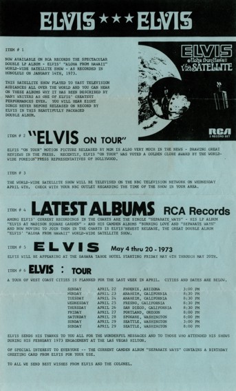 newsletter and schedule for Elvis' west coast tour in April 1973