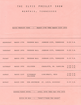 schedule for the Elvis Presley Show - March 1976