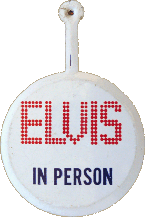 White Tab Pin reading: ELVIS IN PERSON